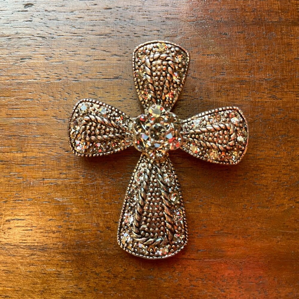 Vintage Rhinestone Cross Brooch Pendant Dual Pin & Necklace Charm Gold Tone